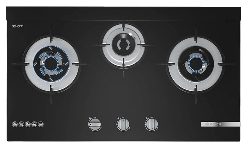 Bosch Built in Gas Hob Black Tempered glass Glass 3 Burner Auto Ignition 70 cm 2 Mini Triple Ring Brass Burner and 1 Double Ring Brass (PMD83D31NX)-1