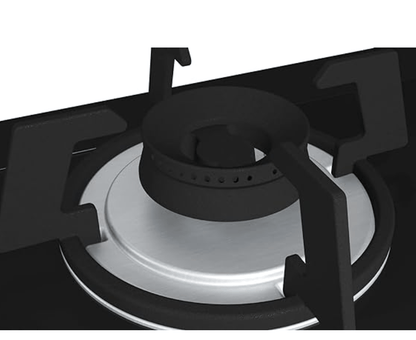 Bosch Built in Gas Hob Black Tempered glass Glass 3 Burner Auto Ignition 70 cm 2 Mini Triple Ring Brass Burner and 1 Double Ring Brass (PMD83D31NX)