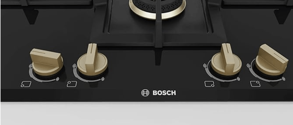 Bosch Built in Gas Hob Black Tempered glass Glass 4 Burner Auto Ignition 75 cm True Brass 2D Ring Burners with Matt Black Heat Shields & Cast Iron pan supports (PNI7B6F20I)