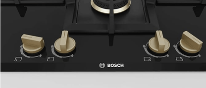 Bosch Built in Gas Hob Black Tempered glass Glass 4 Burner Auto Ignition 75 cm True Brass 2D Ring Burners with Matt Black Heat Shields & Cast Iron pan supports (PNI7B6F20I)