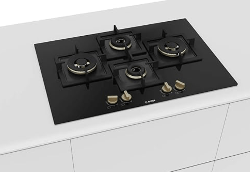 Bosch Built in Gas Hob Black Tempered glass Glass 4 Burner Auto Ignition 75 cm True Brass 2D Ring Burners with Matt Black Heat Shields & Cast Iron pan supports (PNI7B6F20I)-2