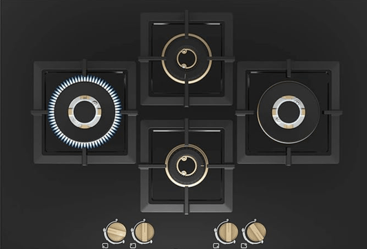 Bosch Built in Gas Hob Black Tempered glass Glass 4 Burner Auto Ignition 75 cm True Brass 2D Ring Burners with Matt Black Heat Shields & Cast Iron pan supports (PNI7B6F20I)