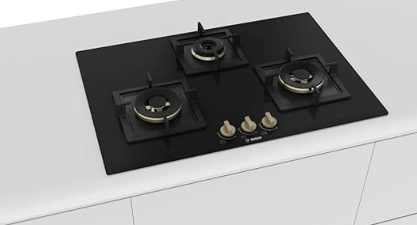 Bosch Built in Gas Hob Black Tempered glass Glass 3 Burner Auto Ignition 75 cm True Brass 2D Ring Burners with Matt Black Heat Shields & Cast Iron pan supports (PND7B6F20I)