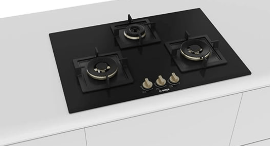 Bosch Built in Gas Hob Black Tempered glass Glass 3 Burner Auto Ignition 75 cm True Brass 2D Ring Burners with Matt Black Heat Shields & Cast Iron pan supports (PND7B6F20I)