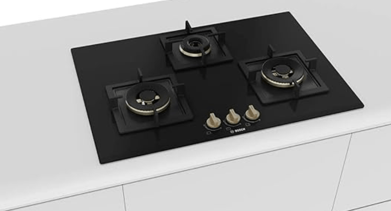 Bosch Built in Gas Hob Black Tempered glass Glass 3 Burner Auto Ignition 75 cm True Brass 2D Ring Burners with Matt Black Heat Shields & Cast Iron pan supports (PND7B6F20I)-2