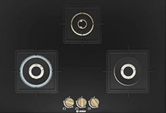 Bosch Built in Gas Hob Black Tempered glass Glass 3 Burner Auto Ignition 75 cm True Brass 2D Ring Burners with Matt Black Heat Shields & Cast Iron pan supports (PND7B6F20I)-1