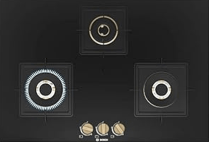 Bosch Built in Gas Hob Black Tempered glass Glass 3 Burner Auto Ignition 75 cm True Brass 2D Ring Burners with Matt Black Heat Shields & Cast Iron pan supports (PND7B6F20I)
