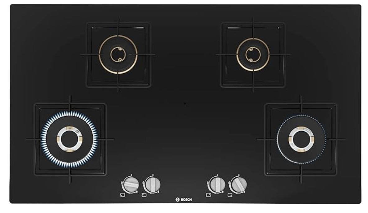 Bosch Built in Gas Hob Black Tempered glass Glass 4 Burner Auto Ignition 90 cm True Brass 2D Ring Burners with Glossy Black Heat Shields & Enameld pan supports (PNF9B6F10I)