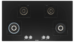 Bosch Built in Gas Hob Black Tempered glass Glass 4 Burner Auto Ignition 90 cm True Brass 2D Ring Burners with Glossy Black Heat Shields & Enameld pan supports (PNF9B6F10I)-1