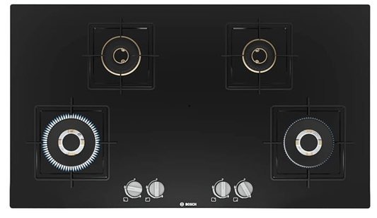 Bosch Built in Gas Hob Black Tempered glass Glass 4 Burner Auto Ignition 90 cm True Brass 2D Ring Burners with Glossy Black Heat Shields & Enameld pan supports (PNF9B6F10I)