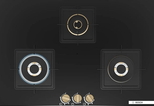 Bosch Built in Gas Hob Black Tempered glass Glass 3 Burner Auto Ignition 75 cm Full Brass 3D Ring Burners with Matt Black Heat Shields & Cast Iron pan supports (PND7B6G20I)