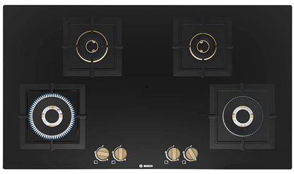 Bosch Built in Gas Hob Black Tempered glass Glass 4 Burner Auto Ignition 90 cm True Brass 2D Ring Burners with Matt Black Heat Shields & Cast Iron pan supports (PNF9B6F20I)