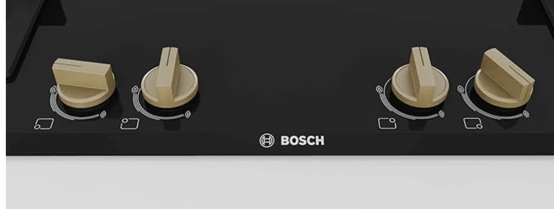 Bosch Built in Gas Hob Black Tempered glass Glass 4 Burner Auto Ignition 90 cm True Brass 2D Ring Burners with Matt Black Heat Shields & Cast Iron pan supports (PNF9B6F20I)