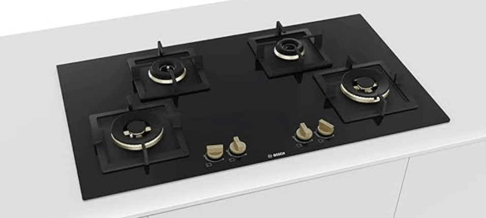 Bosch Built in Gas Hob Black Tempered glass Glass 4 Burner Auto Ignition 90 cm True Brass 2D Ring Burners with Matt Black Heat Shields & Cast Iron pan supports (PNF9B6F20I)