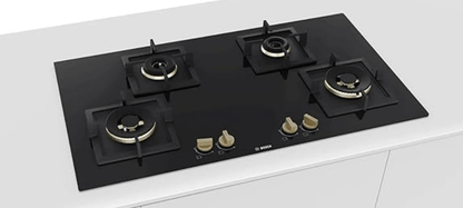 Bosch Built in Gas Hob Black Tempered glass Glass 4 Burner Auto Ignition 90 cm True Brass 2D Ring Burners with Matt Black Heat Shields & Cast Iron pan supports (PNF9B6F20I)