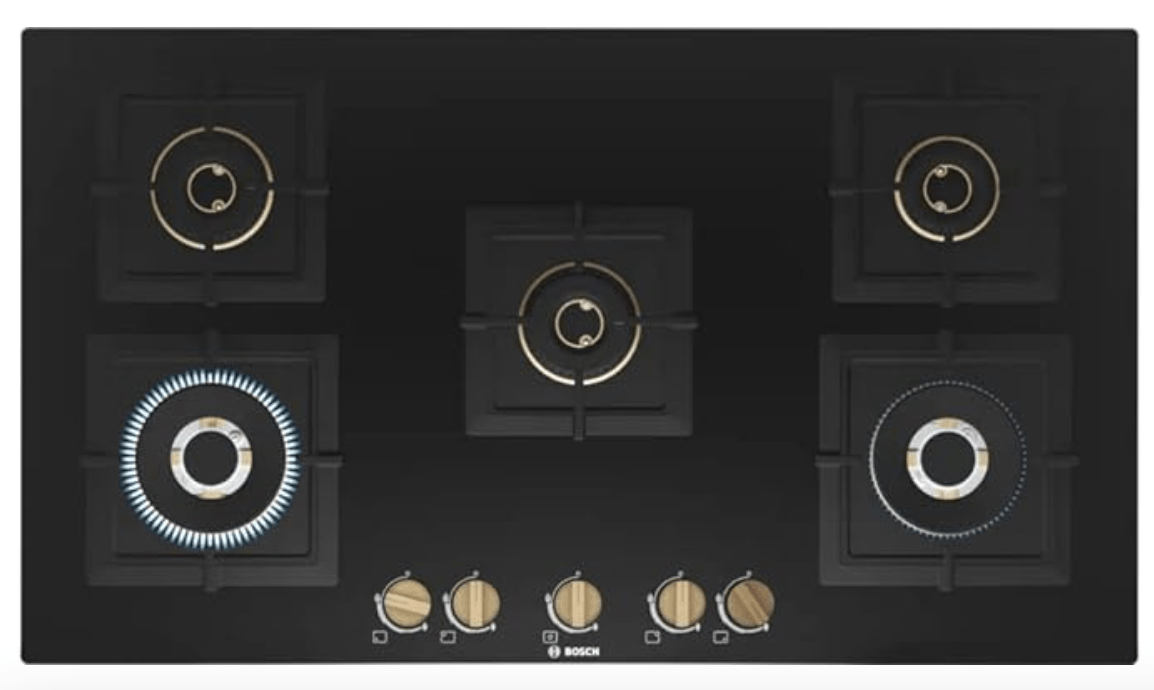 Bosch Built in Gas Hob Black Tempered glass Glass 5 Burner Auto Ignition 90 cm True Brass 2D Ring Burners with Matt Black Heat Shields & Cast Iron pan supports (PNV9B6F20I)
