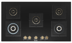 Bosch Built in Gas Hob Black Tempered glass Glass 5 Burner Auto Ignition 90 cm True Brass 2D Ring Burners with Matt Black Heat Shields & Cast Iron pan supports (PNV9B6F20I)-2