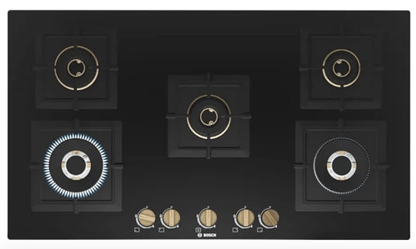 Bosch Built in Gas Hob Black Tempered glass Glass 5 Burner Auto Ignition 90 cm True Brass 2D Ring Burners with Matt Black Heat Shields & Cast Iron pan supports (PNV9B6F20I)