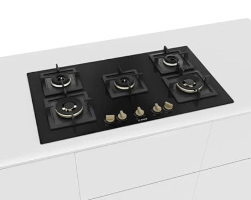 Bosch Built in Gas Hob Black Tempered glass Glass 5 Burner Auto Ignition 90 cm True Brass 2D Ring Burners with Matt Black Heat Shields & Cast Iron pan supports (PNV9B6F20I)