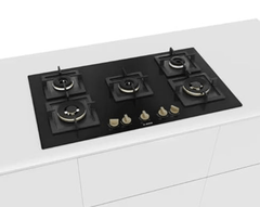 Bosch Built in Gas Hob Black Tempered glass Glass 5 Burner Auto Ignition 90 cm True Brass 2D Ring Burners with Matt Black Heat Shields & Cast Iron pan supports (PNV9B6F20I)-1