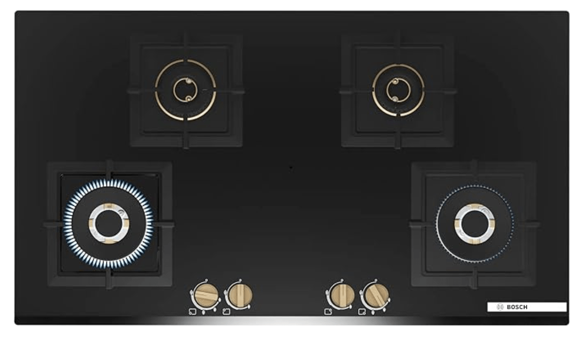 Bosch Built in Gas Hob Black Tempered glass Glass 4 Burner Auto Ignition 90 cm Full Brass 3D Ring Burners with Matt Black Heat Shields & Cast Iron pan supports (PNF9B6G20I)