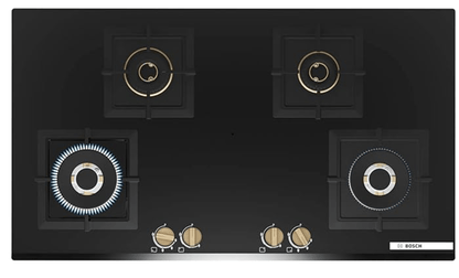 Bosch Built in Gas Hob Black Tempered glass Glass 4 Burner Auto Ignition 90 cm Full Brass 3D Ring Burners with Matt Black Heat Shields & Cast Iron pan supports (PNF9B6G20I)