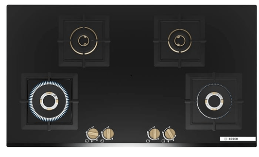 Bosch Built in Gas Hob Black Tempered glass Glass 4 Burner Auto Ignition 90 cm Full Brass 3D Ring Burners with Matt Black Heat Shields & Cast Iron pan supports (PNF9B6G20I)