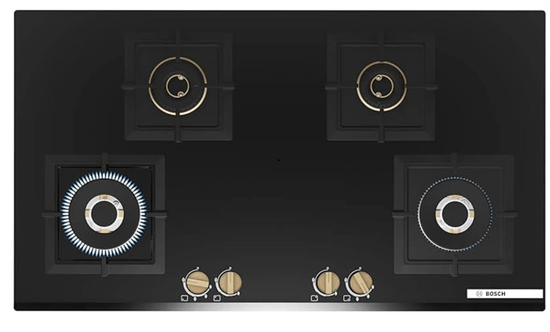 Bosch Built in Gas Hob Black Tempered glass Glass 4 Burner Auto Ignition 90 cm Full Brass 3D Ring Burners with Matt Black Heat Shields & Cast Iron pan supports (PNF9B6G20I)-1