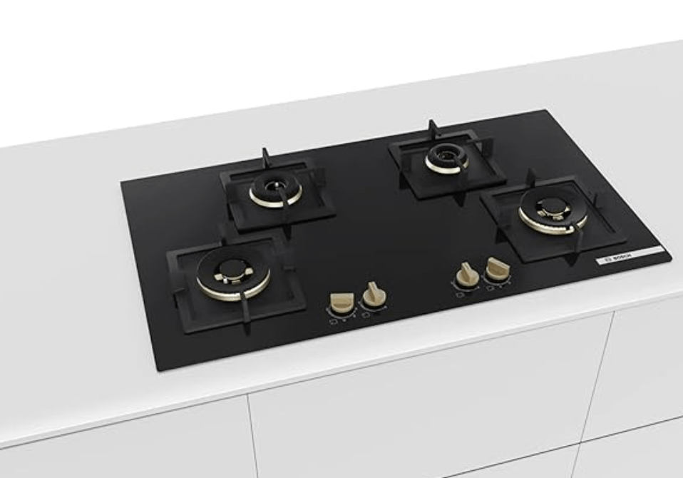 Bosch Built in Gas Hob Black Tempered glass Glass 4 Burner Auto Ignition 90 cm Full Brass 3D Ring Burners with Matt Black Heat Shields & Cast Iron pan supports (PNF9B6G20I)