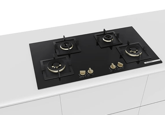 Bosch Built in Gas Hob Black Tempered glass Glass 4 Burner Auto Ignition 90 cm Full Brass 3D Ring Burners with Matt Black Heat Shields & Cast Iron pan supports (PNF9B6G20I)