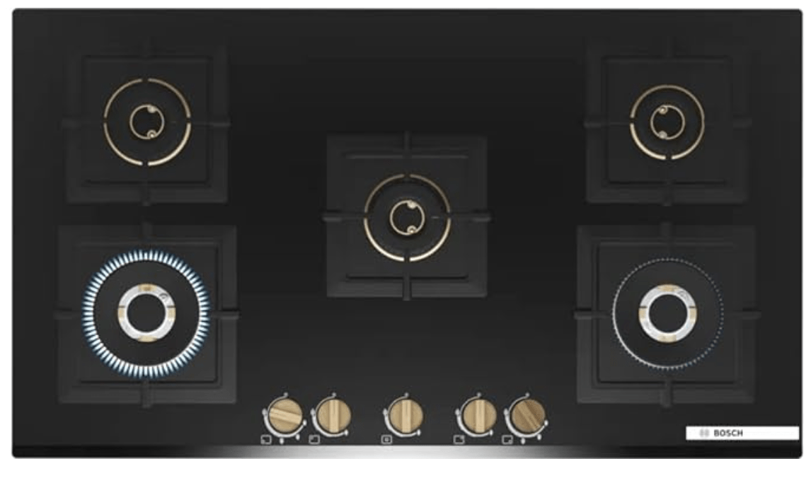 Bosch Built in Gas Hob Black Tempered glass Glass 5 Burner Auto Ignition 90 cm Full Brass 3D Ring Burners with Matt Black Heat Shields & Cast Iron pan supports (PNV9B6G20I)
