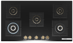 Bosch Built in Gas Hob Black Tempered glass Glass 5 Burner Auto Ignition 90 cm Full Brass 3D Ring Burners with Matt Black Heat Shields & Cast Iron pan supports (PNV9B6G20I)-1