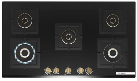 Bosch Built in Gas Hob Black Tempered glass Glass 5 Burner Auto Ignition 90 cm Full Brass 3D Ring Burners with Matt Black Heat Shields & Cast Iron pan supports (PNV9B6G20I)