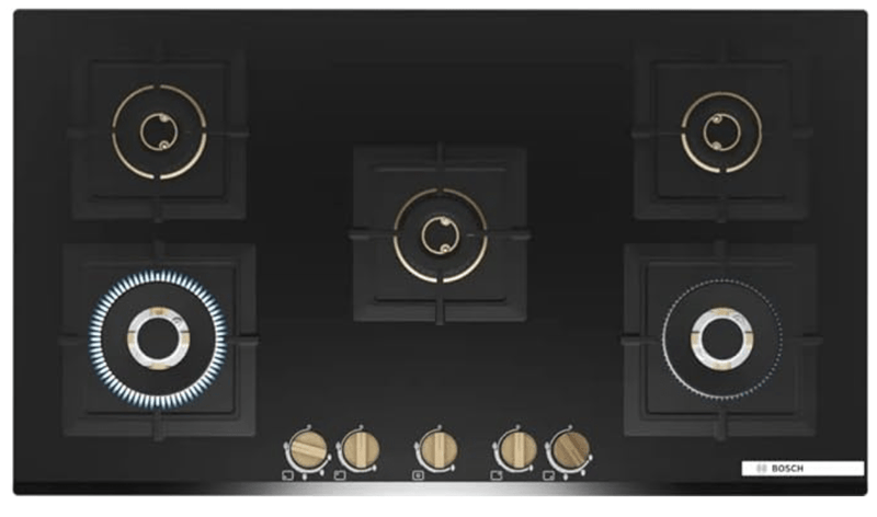 Bosch Built in Gas Hob Black Tempered glass Glass 5 Burner Auto Ignition 90 cm Full Brass 3D Ring Burners with Matt Black Heat Shields & Cast Iron pan supports (PNV9B6G20I)-1