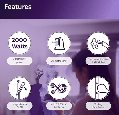 Philips Standing Garment Steamer STE3160/30 – 2000 watts power, Unique tilting style board, 3 steam settings, up to 40 g/min steam output