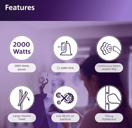 Philips Standing Garment Steamer STE3160/30 – 2000 watts power, Unique tilting style board, 3 steam settings, up to 40 g/min steam output