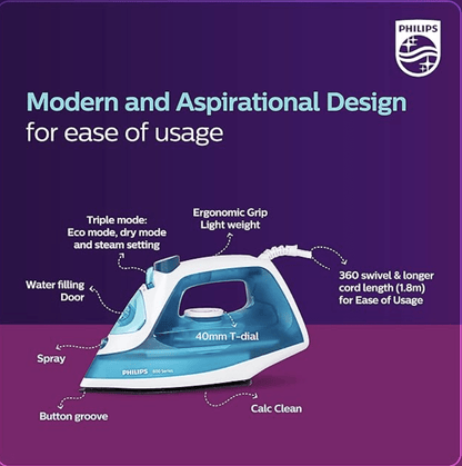 Philips Steam Iron DST0820/20 – 1250-watt, Black non-stick soleplate, Steam Rate of up to 15 g/min