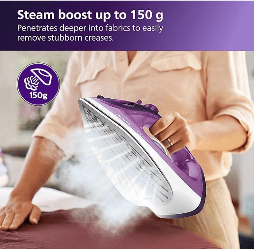 பிலிப்ஸ் ஈஸிஸ்பீட் பிளஸ் ஸ்டீம் அயர்ன் GC2147/30-2400W, 30 கிராம்/நிமிடம் வரை நீராவியுடன் கூடிய விரைவு வெப்பமாக்கல், 150 கிராம் நீராவி பூஸ்ட், கீறல் எதிர்ப்பு பீங்கான் சோல்பிளேட், செங்குத்து நீராவி, டிரிப்-ஸ்டாப் -3