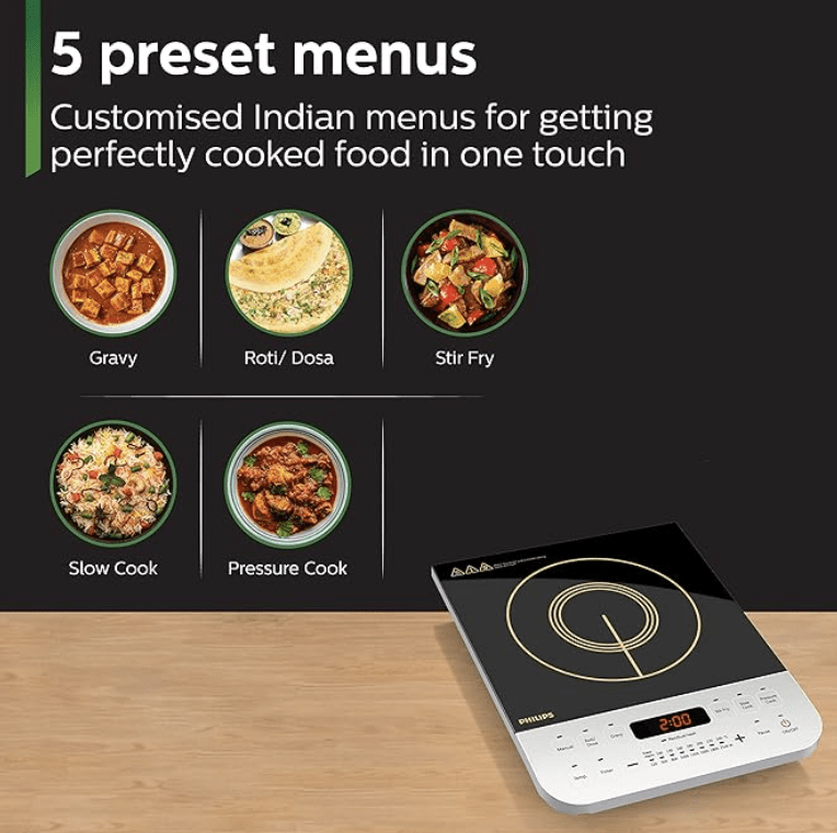 फिलिप्स विवा कलेक्शन HD4928/01 2100-वाट इंडक्शन कुकटॉप, सॉफ्ट टच बटन क्रिस्टल ग्लास के साथ (काला) 