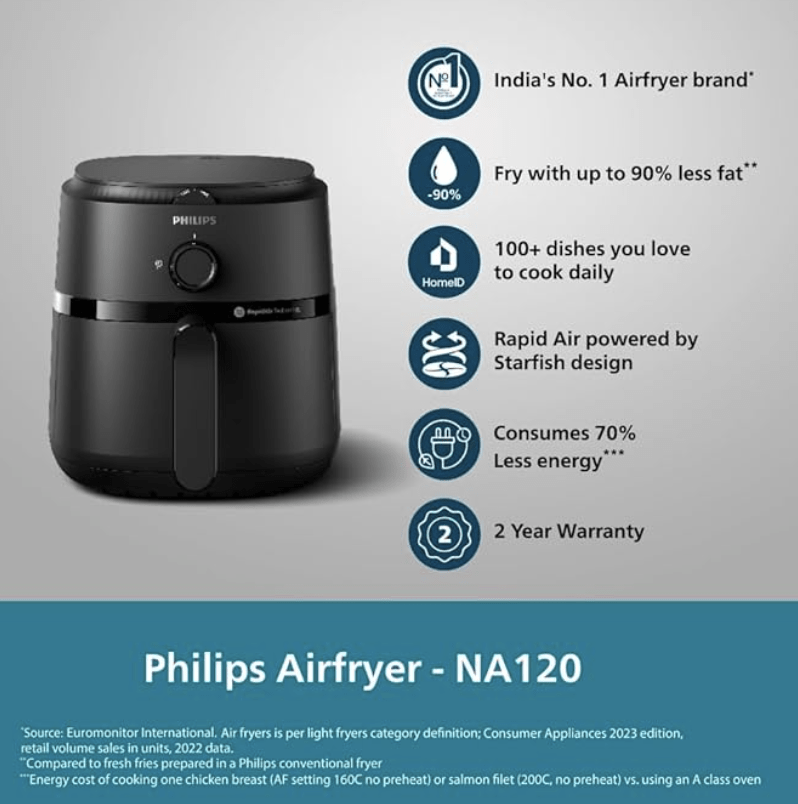 PHILIPS Air Fryer NA130/00, uses up to 90% less fat, 1700W, 6.2 Liter, with Rapid Air Technology (Black), Extra Large