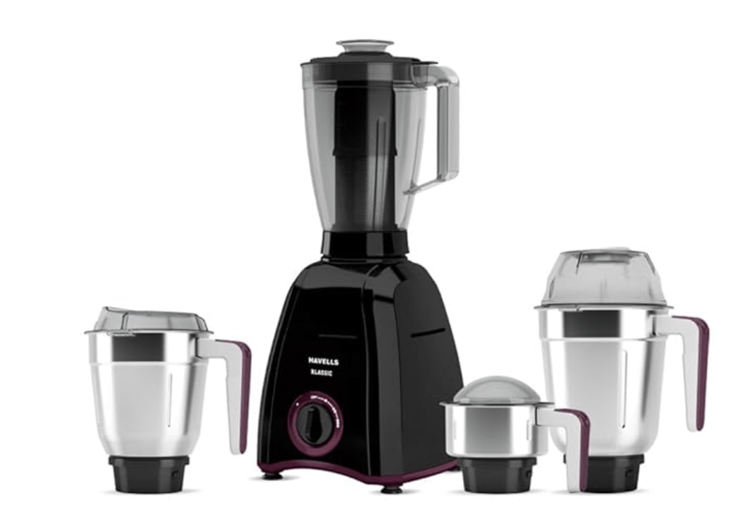 Havells Klassic 750 Watt 4 Jar Mixer Grinder, 21000 RPM Heavy Duty Universal Motor, 304 SS Blades, Large Size Break Resistant JarLids With Twist &amp; Lock Mechanism- Black