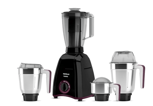 Havells Klassic 750 Watt 4 Jar Mixer Grinder, 21000 RPM Heavy Duty Universal Motor, 304 SS Blades, Large Size Break Resistant JarLids With Twist &amp; Lock Mechanism- Black