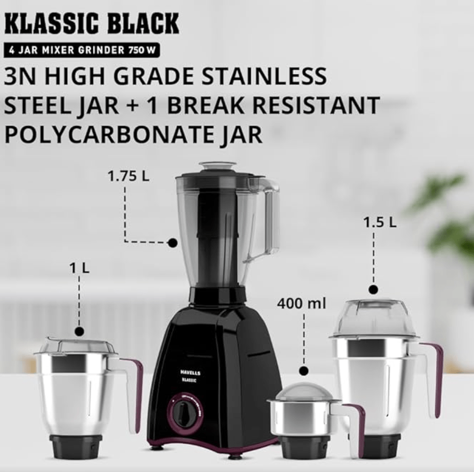 Havells Klassic 750 Watt 4 Jar Mixer Grinder, 21000 RPM Heavy Duty Universal Motor, 304 SS Blades, Large Size Break Resistant JarLids With Twist &amp; Lock Mechanism- Black