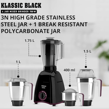 Havells Klassic 750 Watt 4 Jar Mixer Grinder, 21000 RPM Heavy Duty Universal Motor, 304 SS Blades, Large Size Break Resistant JarLids With Twist &amp; Lock Mechanism- Black