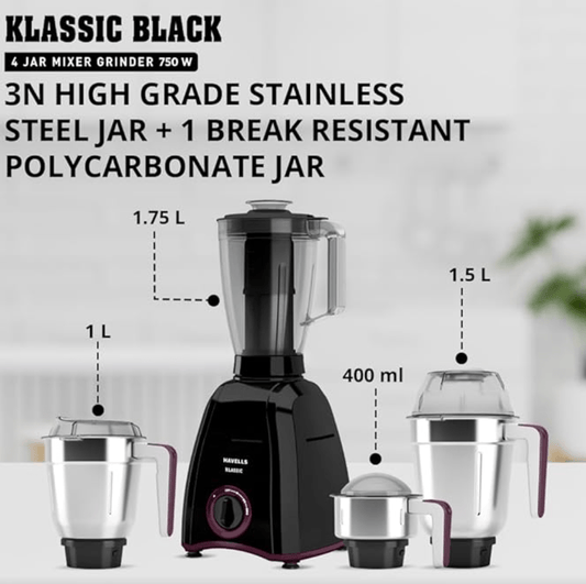 Havells Klassic 750 Watt 4 Jar Mixer Grinder, 21000 RPM Heavy Duty Universal Motor, 304 SS Blades, Large Size Break Resistant JarLids With Twist &amp; Lock Mechanism- Black