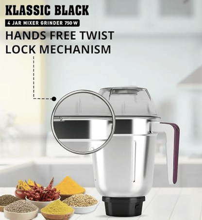 Havells Klassic 750 Watt 4 Jar Mixer Grinder, 21000 RPM Heavy Duty Universal Motor, 304 SS Blades, Large Size Break Resistant JarLids With Twist &amp; Lock Mechanism- Black