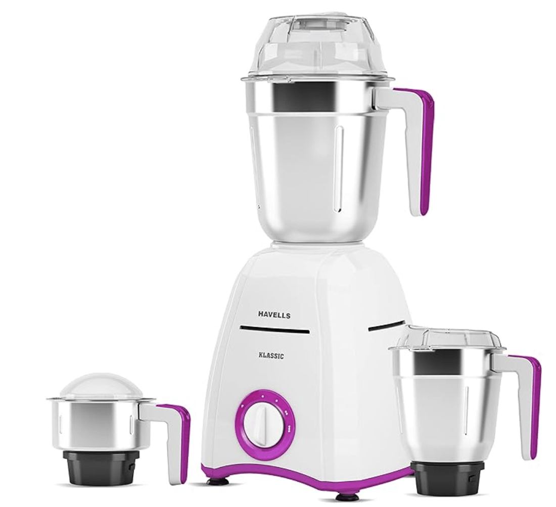 Havells Klassic 750 watts 3 Jar Mixer Grinder with 304 SS Blades, Large Size SS Jars, Break Resistant Polycarbonate Transparent Jar Lids With Twist & Lock Mechanism