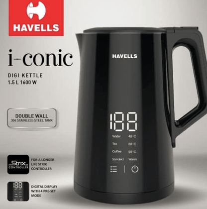 Havells I-Conic 1.5 Litre Digi Kettle with double wall and 304 stainless steel tank (Black)