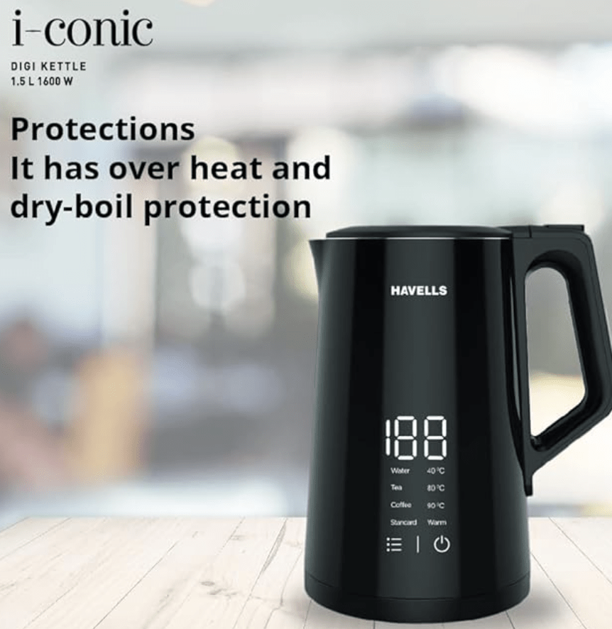Havells I-Conic 1.5 Litre Digi Kettle with double wall and 304 stainless steel tank (Black)