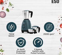 Havells ESO 750 watts 3 JAR Mixer Grinder, 304 SS Blades, High Speed 21000 RPM motor, Heavy and Wider mouth SS Jars, All Jars with Handle, 2 Year Product & 5 Year Motor Warranty (Teal) | ABS-2